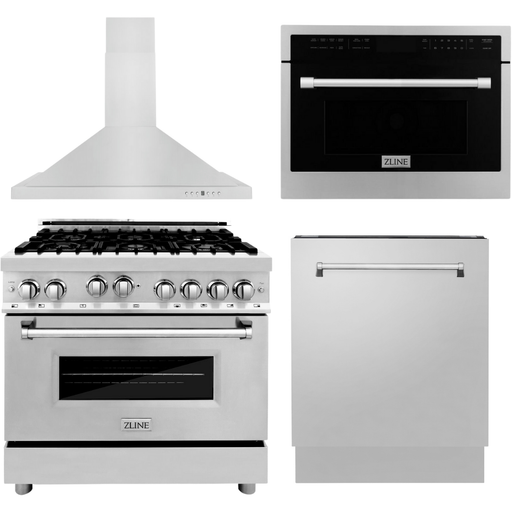 ZLINE 36 in. Gas Range, Range Hood, Microwave Oven and 3 Rack Dishwasher Appliance Package 4KP-RGRH36-MODWV