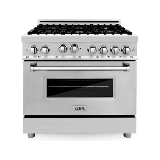 ZLINE 36 in. Gas Range, Range Hood, Microwave Oven and 3 Rack Dishwasher Appliance Package 4KP-RGRH36-MODWV