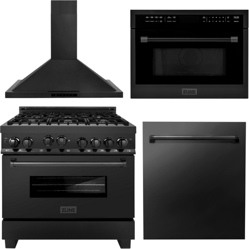 ZLINE 36 in. Gas Range, Range Hood, Microwave Oven, Dishwasher In Black Stainless Steel Appliance Package 4KP-RGBRH36-MODW