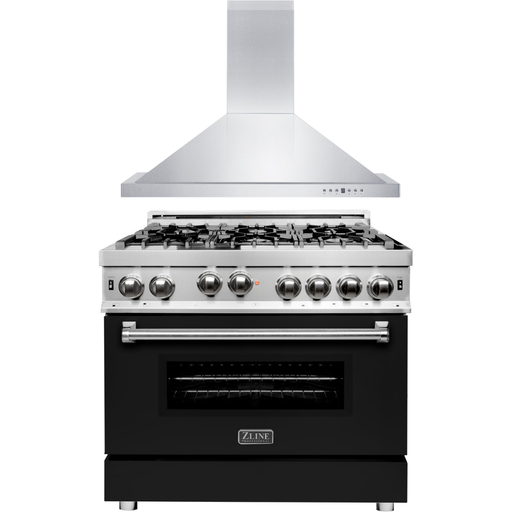 ZLINE 36 in. Gas Range with Black Matte Door & 36 in. Range Hood Appliance Package 2KP-RGBLMRH36