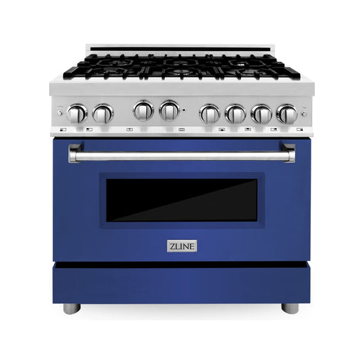 ZLINE 36 in. Gas Range with Blue Matte Door and 36 in. Range Hood Appliance Package 2KP-RGBMRH36