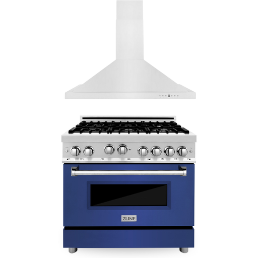 ZLINE 36 in. Gas Range with Blue Matte Door and 36 in. Range Hood Appliance Package 2KP-RGBMRH36