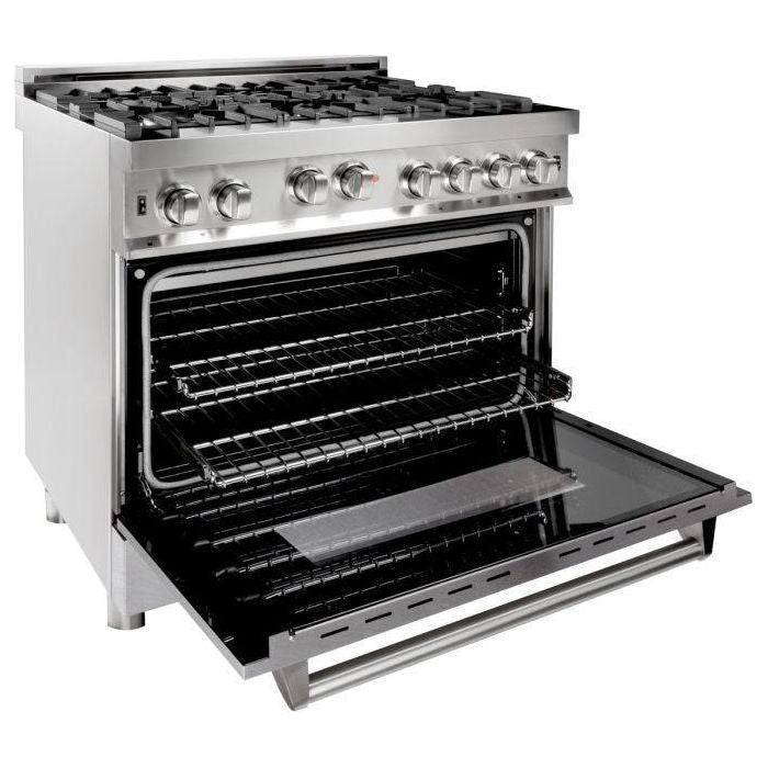 ZLINE 36 in. Gas Range with DuraSnow Door and 36 in. Range Hood Appliance Package 2KP-RGSNRH36