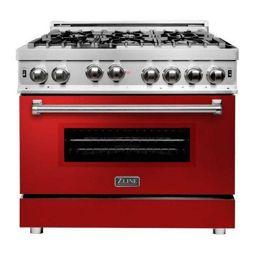 ZLINE 36 in. Gas Range with Red Gloss Door and 36 in. Range Hood Appliance Package 2KP-RGRGRH36