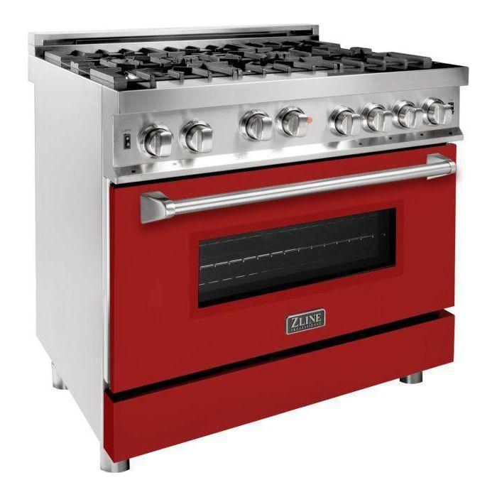 ZLINE 36 in. Gas Range with Red Matte Door & 36 in. Range Hood Appliance Package 2KP-RGRMRH36