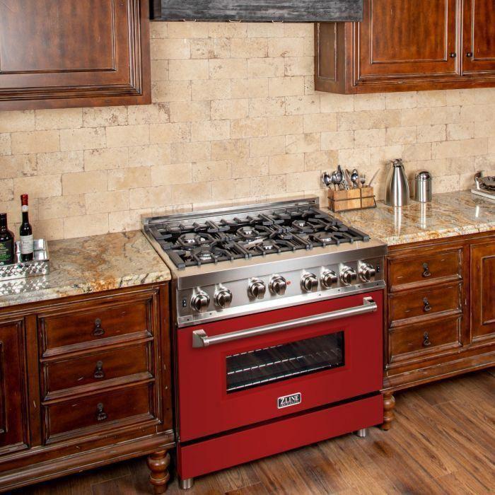 ZLINE 36 in. Gas Range with Red Matte Door & 36 in. Range Hood Appliance Package 2KP-RGRMRH36