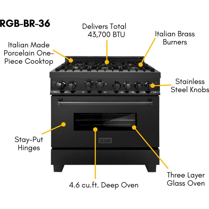 ZLINE 36 in. Kitchen Appliance Package with Black Stainless Steel Gas Range, Range Hood, Microwave Drawer and Dishwasher, 4KP-RGBRH36-MWDW