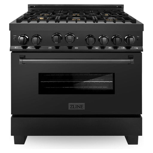 ZLINE 36 in. Kitchen Appliance Package with Black Stainless Steel Gas Range, Range Hood, Microwave Drawer and Dishwasher, 4KP-RGBRH36-MWDW