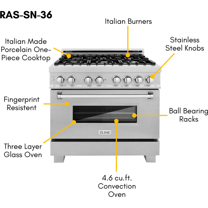 ZLINE Ranges ZLINE 36 in. Professional Dual Fuel Range with Gas Burner and Electric Oven In DuraSnow Finish RAS-SN-36