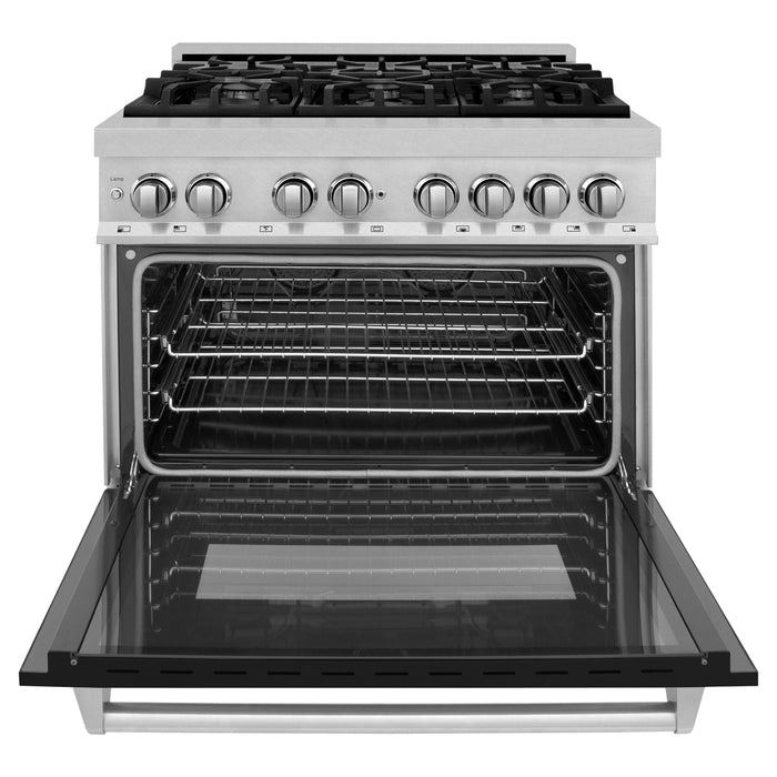 ZLINE 36 in. Professional Dual Fuel Range with Gas Burner and Electric Oven In DuraSnow Stainless with Black Matte Door RAS-BLM-36