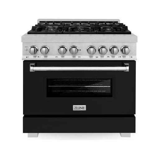 ZLINE 36 in. Professional Dual Fuel Range with Gas Burner and Electric Oven In DuraSnow Stainless with Black Matte Door RAS-BLM-36