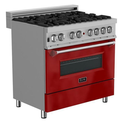 ZLINE Ranges ZLINE 36 in. Professional Dual Fuel Range with Gas Burner and Electric Oven In DuraSnow Stainless with Red Gloss Door RAS-RG-36