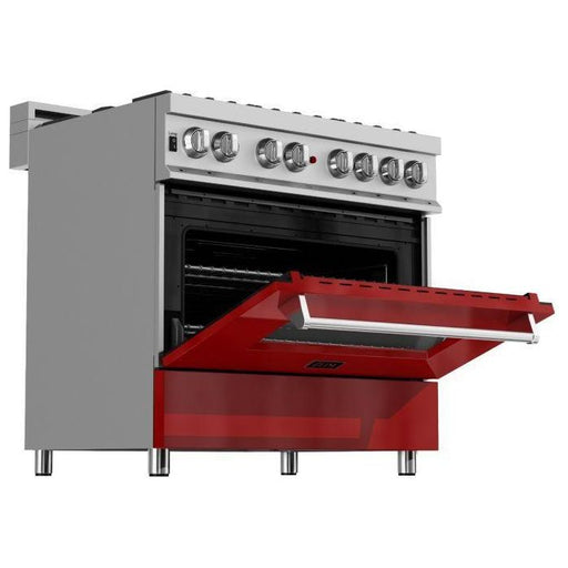 ZLINE Ranges ZLINE 36 in. Professional Dual Fuel Range with Gas Burner and Electric Oven In DuraSnow Stainless with Red Gloss Door RAS-RG-36