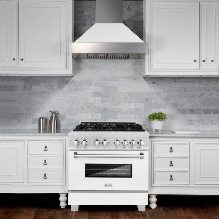 ZLINE 36 in. Professional Dual Fuel Range with Gas Burner and Electric Oven In DuraSnow Stainless with White Matte Door RAS-WM-36