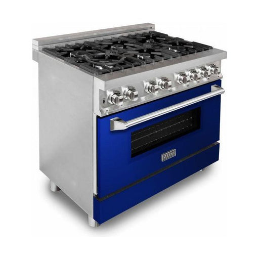ZLINE Ranges ZLINE 36 in. Professional Dual Fuel Range with Gas Burner and Electric Oven In Stainless Steel with Blue Gloss Door RA-BG-36