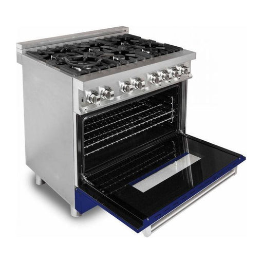 ZLINE Ranges ZLINE 36 in. Professional Dual Fuel Range with Gas Burner and Electric Oven In Stainless Steel with Blue Gloss Door RA-BG-36