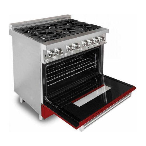 ZLINE 36 in. Professional Dual Fuel Range with Gas Burner and Electric Oven In Stainless Steel with Red Gloss Door RA-RG-36