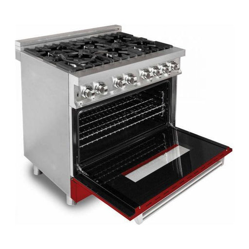ZLINE Ranges ZLINE 36 in. Professional Dual Fuel Range with Gas Burner and Electric Oven In Stainless Steel with Red Gloss Door RA-RG-36