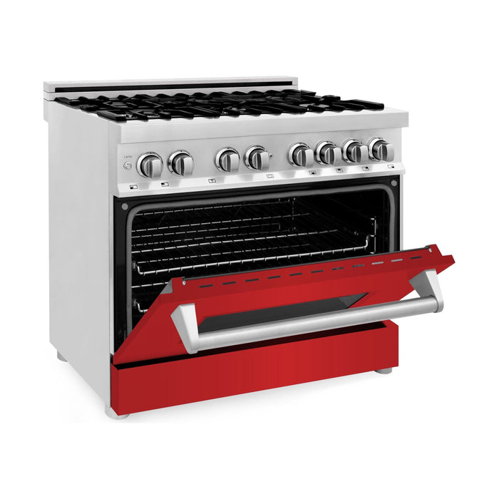 ZLINE 36 in. Professional Dual Fuel Range with Gas Burner and Electric Oven In Stainless Steel with Red Matte Door RA-RM-36