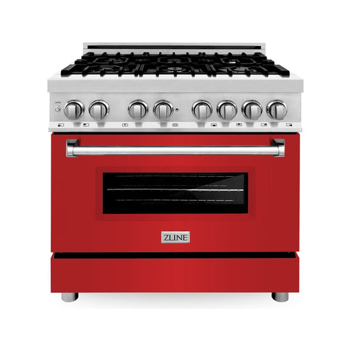 ZLINE 36 in. Professional Dual Fuel Range with Gas Burner and Electric Oven In Stainless Steel with Red Matte Door RA-RM-36