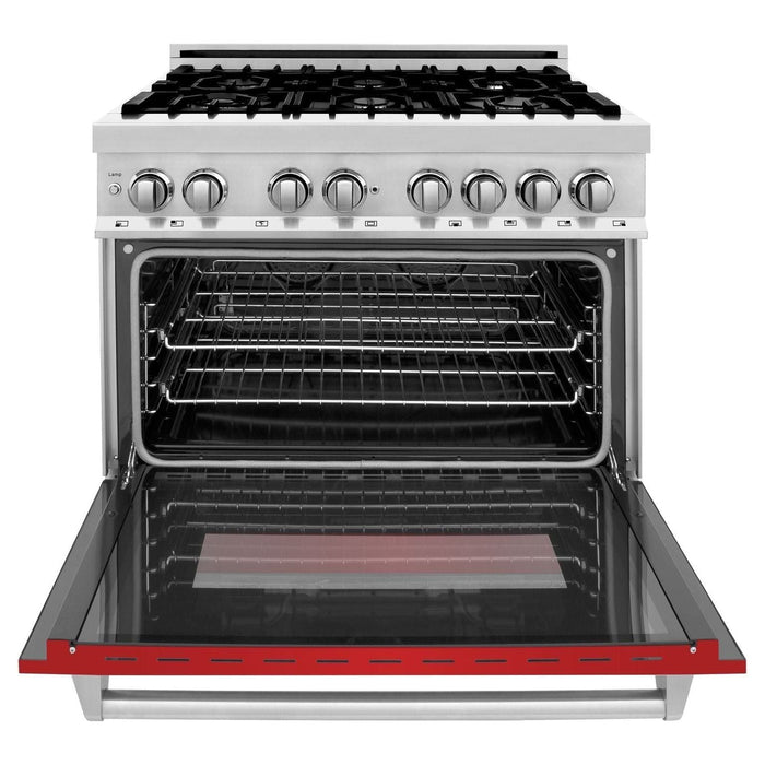 ZLINE 36 in. Professional Dual Fuel Range with Gas Burner and Electric Oven In Stainless Steel with Red Matte Door RA-RM-36