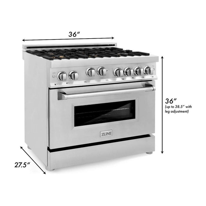 ZLINE 36 in. Professional Dual Fuel Range with Gas Burner and Gas Oven In Stainless Steel with Brass Burners RG-BR-36