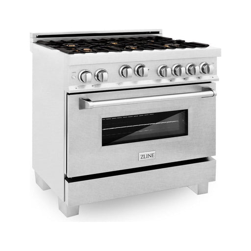 ZLINE 36 in. Professional Dual Fuel Range with Gas Burner and Oven In DuraSnow Stainless with Brass Burners