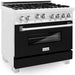 ZLINE 36 In. Professional Gas Range In DuraSnow with Black Matte Door & 36" Range Hood Appliance Package 2KP-RGSBLMRH36