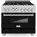 ZLINE 36 In. Professional Gas Range In DuraSnow with Black Matte Door & 36" Range Hood Appliance Package 2KP-RGSBLMRH36