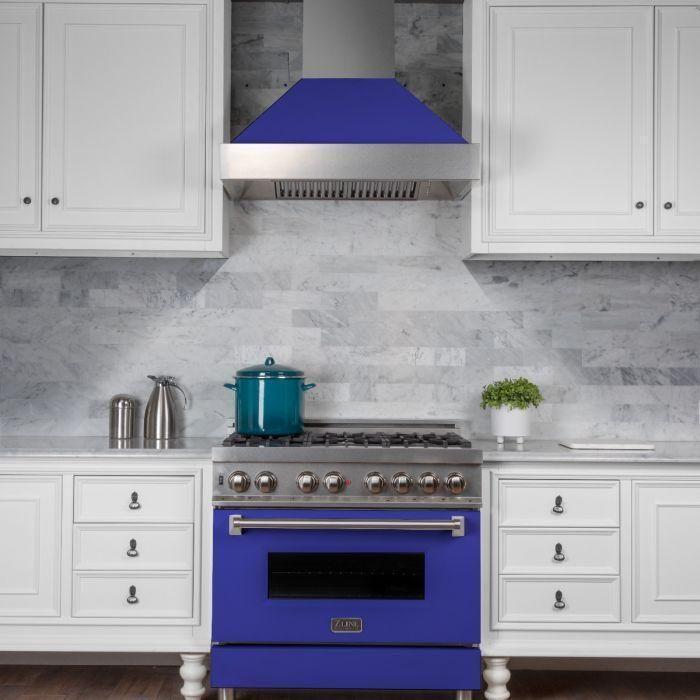 ZLINE 36 In. Professional Gas Range In DuraSnow with Blue Matte Door & 36" Range Hood Appliance Package 2KP-RGSBMRH36