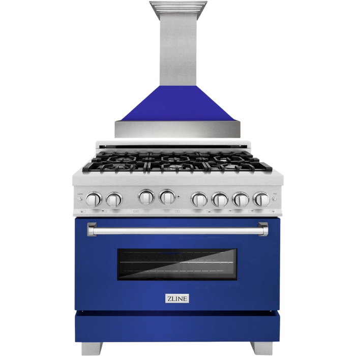 ZLINE 36 In. Professional Gas Range In DuraSnow with Blue Matte Door & 36" Range Hood Appliance Package 2KP-RGSBMRH36