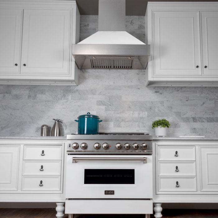 ZLINE 36 In. Professional Gas Range In DuraSnow with White Matte Door & 36" Range Hood Appliance Package 2KP-RGSWMRH36