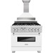 ZLINE 36 In. Professional Gas Range In DuraSnow with White Matte Door & 36" Range Hood Appliance Package 2KP-RGSWMRH36