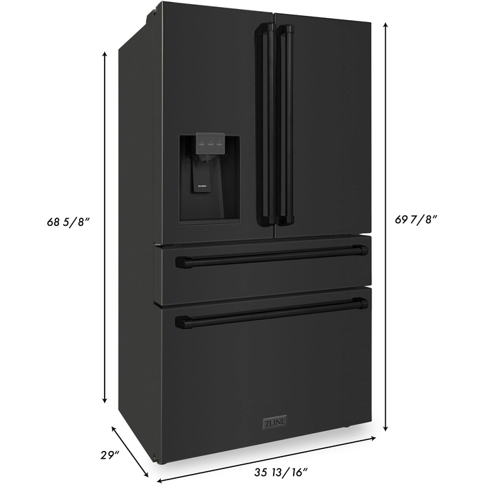 ZLINE Refrigerators ZLINE 36 inch French Door Refrigerator with Water Dispenser, Ice Maker in Fingerprint Resistant Black Stainless Steel, RFM-W-36-BS