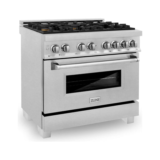 ZLINE 36-Inch Professional 4.6 Cu. Ft. 6 Dual Fuel Range In DuraSnow Stainless Steel With Brass Burners RAS-SN-BR-36