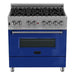 ZLINE 36-Inch Professional Dual Fuel Range In DuraSnow Stainless with Blue Gloss Door RAS-BG-36