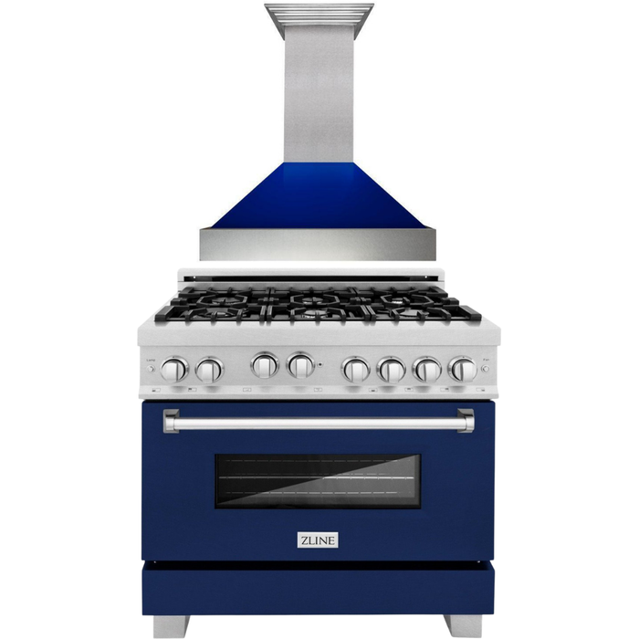 ZLINE 36" Professional Gas Range In DuraSnow with Blue Gloss Matte Door & 36" Range Hood Appliance Package 2KP-RGSBGRH36