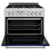 ZLINE 36" Professional Gas Range In DuraSnow with Blue Gloss Matte Door & 36" Range Hood Appliance Package 2KP-RGSBGRH36