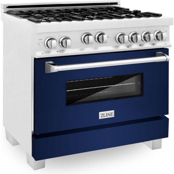 ZLINE 36" Professional Gas Range In DuraSnow with Blue Gloss Matte Door & 36" Range Hood Appliance Package 2KP-RGSBGRH36