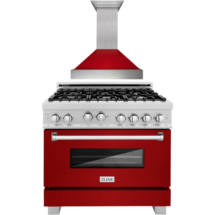 ZLINE 36" Professional Gas Range In DuraSnow with Red Gloss Door & 36" Range Hood Appliance Package 2KP-RGSRGRH36