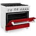 ZLINE 36" Professional Gas Range In DuraSnow with Red Gloss Door & 36" Range Hood Appliance Package 2KP-RGSRGRH36