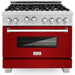 ZLINE 36" Professional Gas Range In DuraSnow with Red Gloss Door & 36" Range Hood Appliance Package 2KP-RGSRGRH36