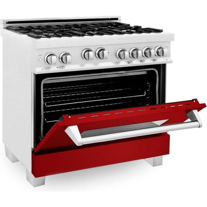 ZLINE 36" Professional Gas Range In DuraSnow with Red Matte Door & 36" Range Hood Appliance Package 2KP-RGSRMRH36