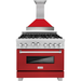 ZLINE 36" Professional Gas Range In DuraSnow with Red Matte Door & 36" Range Hood Appliance Package 2KP-RGSRMRH36