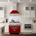 ZLINE 36" Professional Gas Range In DuraSnow with Red Matte Door & 36" Range Hood Appliance Package 2KP-RGSRMRH36