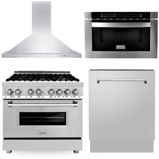 ZLINE Kitchen Appliance Packages ZLINE 36 Range, 36 Range Hood, Microwave Drawer and 3 Rack Dishwasher Appliance Package