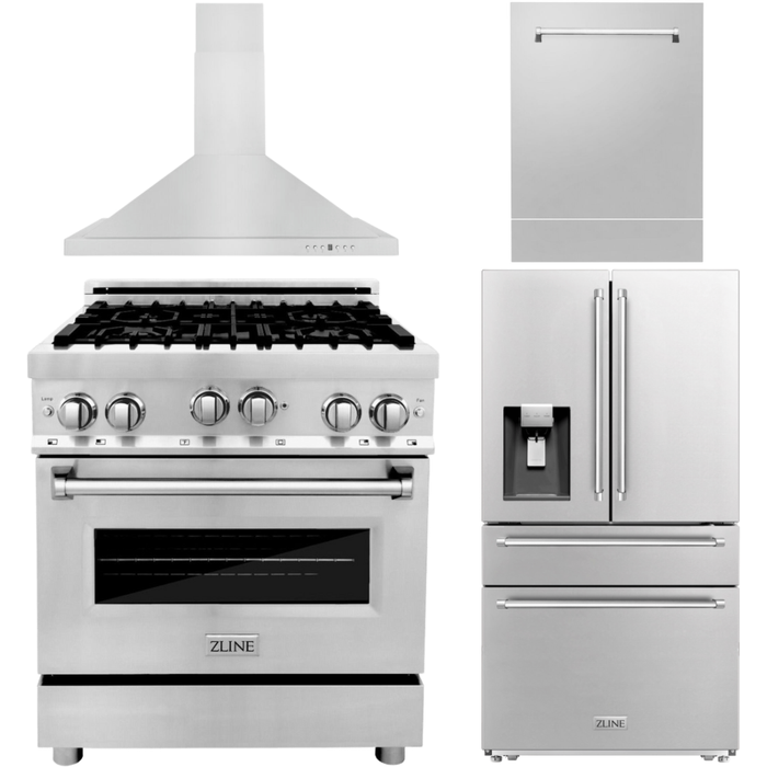 ZLINE 4-Piece Appliance Package - 30 In. Gas Range, Range Hood, Refrigerator with Water and Ice Dispenser, and Dishwasher in Stainless Steel, 4KPRW-RGRH30-DWV