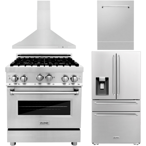 ZLINE Kitchen Appliance Packages ZLINE 4-Piece Appliance Package - 30 In. Gas Range, Range Hood, Refrigerator with Water and Ice Dispenser, and Dishwasher in Stainless Steel, 4KPRW-RGRH30-DWV