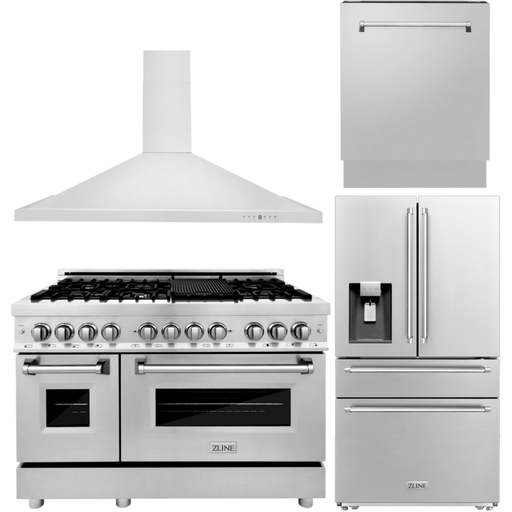 ZLINE Kitchen Appliance Packages ZLINE 4-Piece Appliance Package - 48 In. Dual Fuel Range, Refrigerator with Water and Ice Dispenser, Range Hood and Dishwasher in Stainless Steel, 4KPRW-RARH48-DWV
