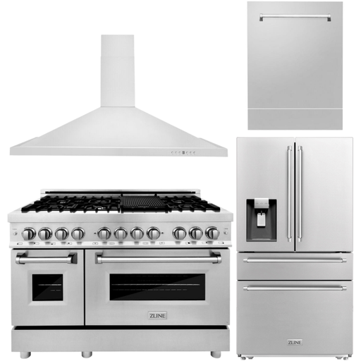 ZLINE 4-Piece Appliance Package - 48 In. Gas Range, Range Hood, Refrigerator with Water and Ice Dispenser, and Dishwasher in Stainless Steel, 4KPRW-RGRH48-DWV